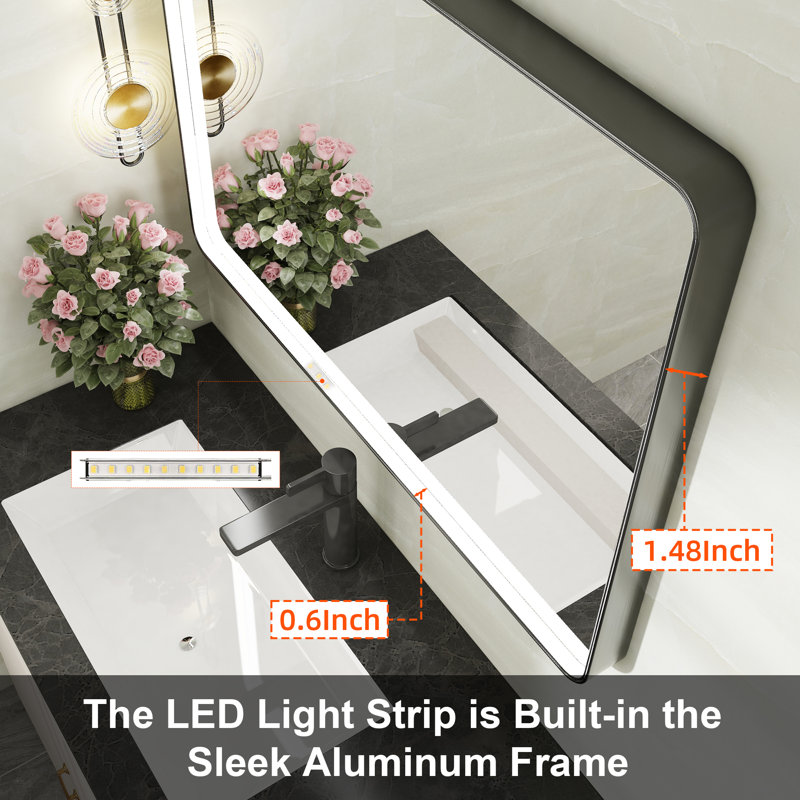  24/30/36/48 Inch Led Bathroom Mirror, Black/Gold/Silver Frame Vanity Mirror, Lighted Wall Mounted Mirror, Anti-Fog, Dimmable , 3 Colours (Horizontal/Vertical)