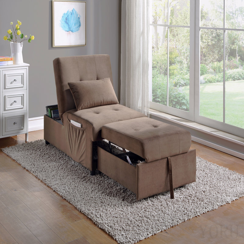 Banc de rangement moderne avec plateau relevable et lit gigogne, meuble en bois massif capitonné en velours marron (1 pièce).