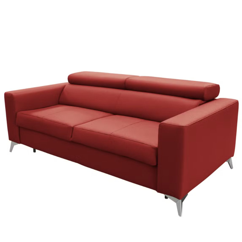 Lucy Genuine Leather Fold-out Sleeper Sofa with Mattress and Adjustable Headrests, Red
