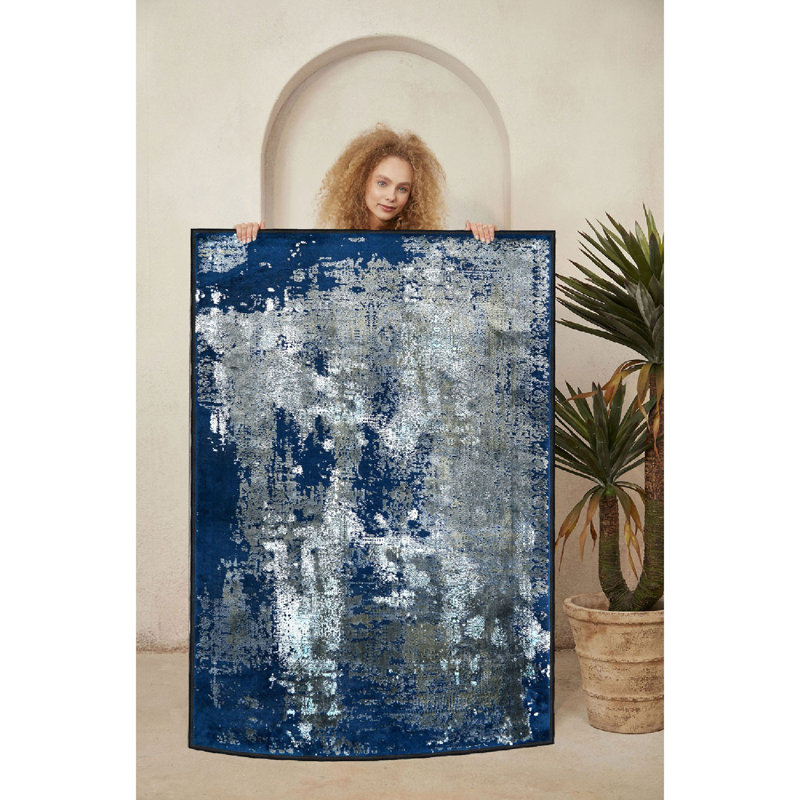 Wencil Soft & Stylish Area Rug (2.6 x 4 ft), 100% Cotton, 10 mm Pile Height | Antibacterial, Non-Slip PVC Underside, Machine Washable | Elegant White, Blue & Beige Design | Perfect for Living Room, Bedroom & Home Décor