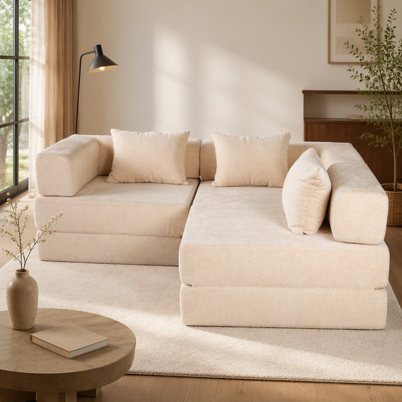 Canapé-lit convertible Compression, 118.11" W, Beige Chenille