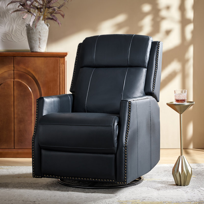 Elimelec Genuine Leather Manual Swivel Recliner, Navy
