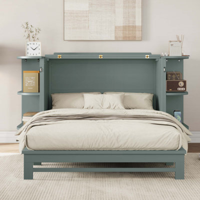 Armoire-lit en bois de pin massif avec station de charge et 2 tablettes ouvertes