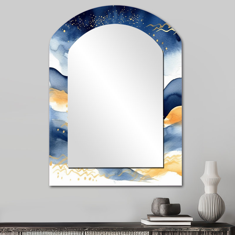 Linch Dark Blue and Gold Abstract IX - Fractals Asymmetrical Decorative Wall Mirror, Blue Arch Large Mirror, Printed Metal Art
