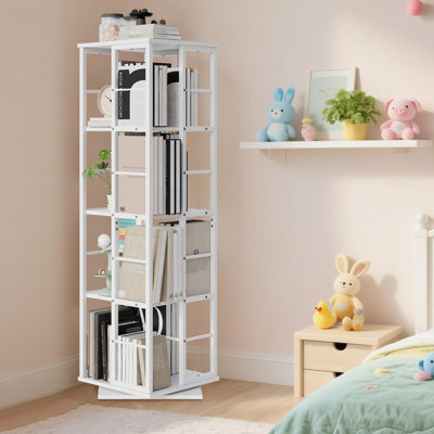 Bibliothèque rotative à 4 niveaux, tour de bibliothèque pivotante à 360 °, étagère de rangement autoportante avec rails pour le salon et la chambre à coucher (15,75 po x 15,75 po x 53,94 po), blanc