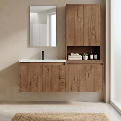 54" Floating Single Bathroom Vanity with Upper Cabinet, Ceramic Sink and Handle-Free Design