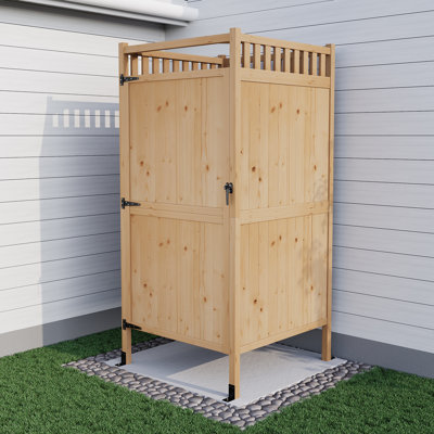 Solid Wood Outdoor Shower Enclosure Kit with Lockable Privacy Stall and Changing Room, Freestanding Natural Wooden Cabana with Shelf and Stainless Steel Towel Bar for Backyard Poolside & Garden