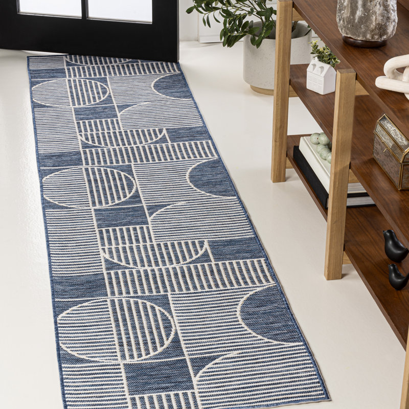 Erkin Mid-Century Modern Geometric Lines Reversible Machine-Washable Navy/Cream Indoor/Outdoor Rug, Runner 2' x 8'