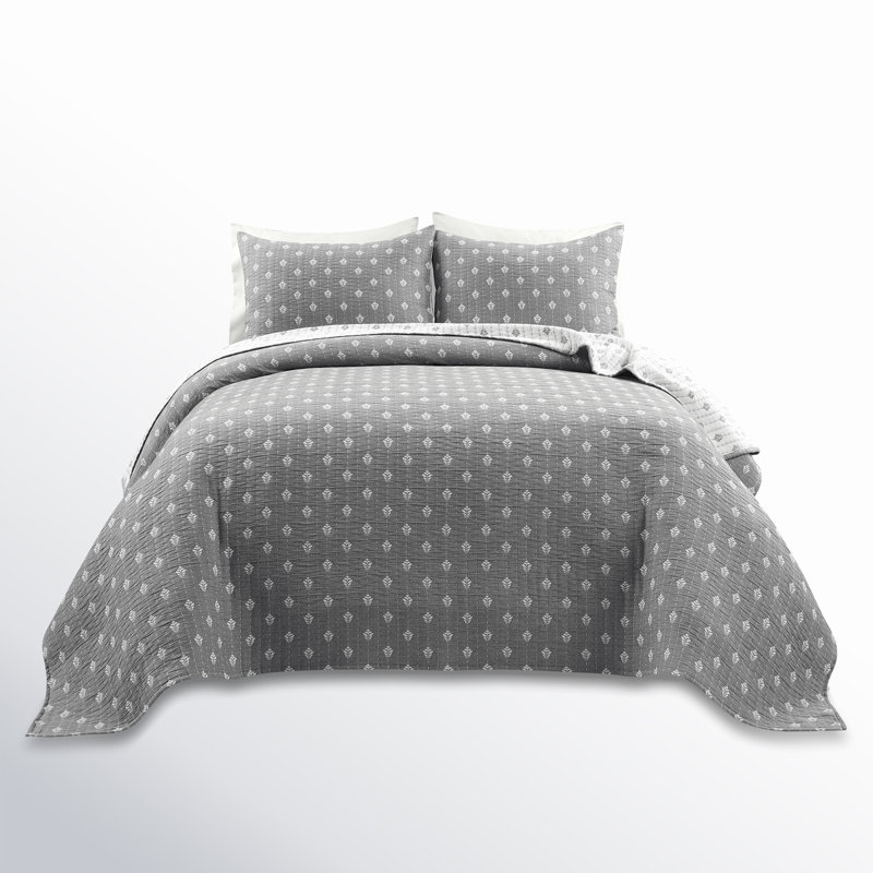 Ensemble de courtepointe réversible en coton 3 pièces Willards, Courtepointe très grand + 2 très grandes taies d, Gris