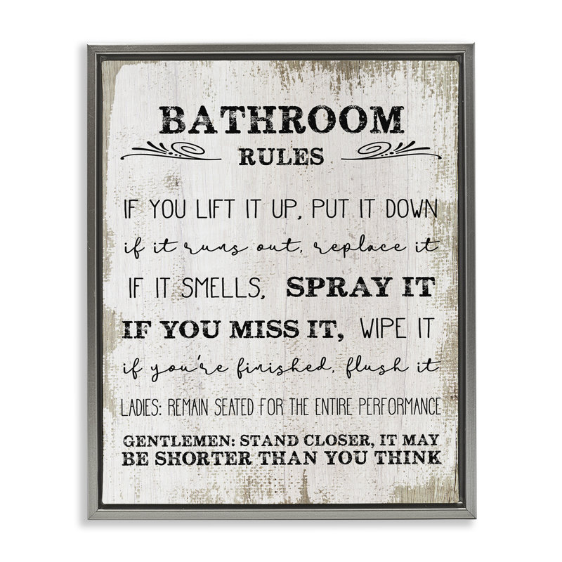 «Rustic Bathroom Rules Humor», art mural sur toile flottante par Daphne Polselli, Cadre flottant gris lustré