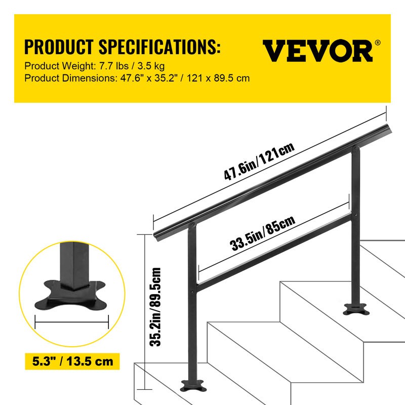Stair Railing Kit Aluminum Handrail Flexible Outdoor Deck Hand Rail, 89.4cm H x 120.9cm W x 13.5cm D
