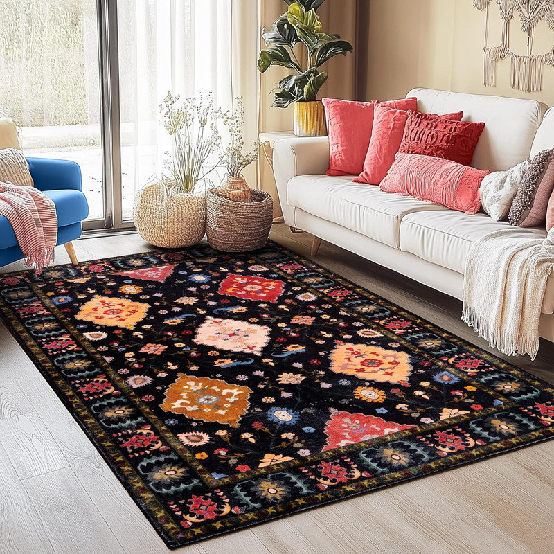 Indoor&Outdoor Washable Area Rug Black Gorgeous flowers Vintage Low Pile Rug for Living Room Bedroom Wedding Banquet