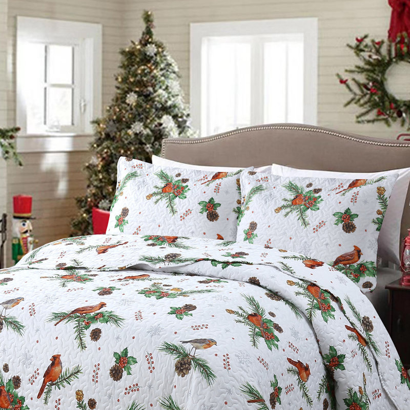 Queen White Christmas Cardinals Polyester Quilt Set