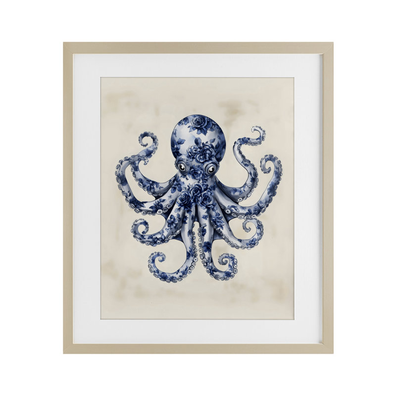 «Floral Octopus», reproduction sous verre encadrée, design par Arlington Prints, H 21 po x l 17 po, Cadre de récolte en pin