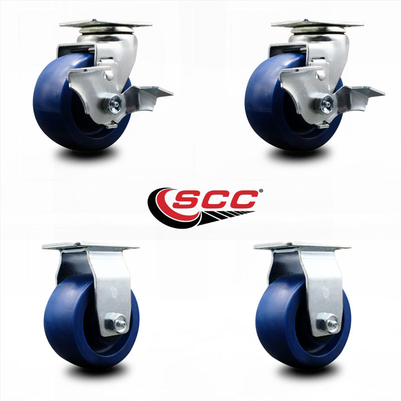 4 Piece Solid Polyurethane Caster Set with Roller Bearings 2 Brakes 2 Rigid