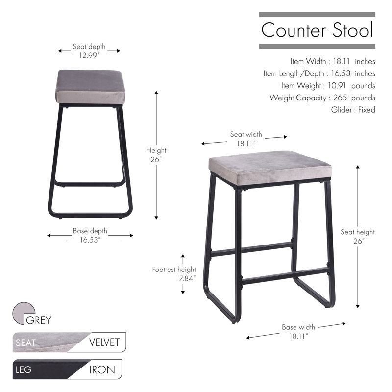 Tabourets Velmon, Gris, Tabouret de comptoir (assise à une hauteur de 26 