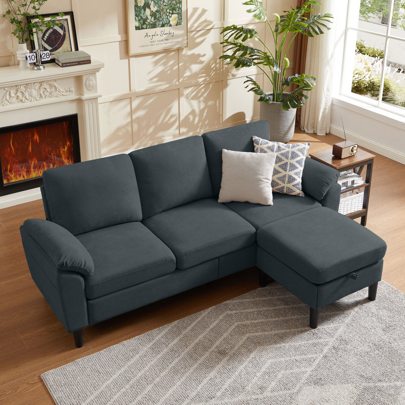 79.5" Wide Reversible Modular Sofa & Chaise with Storage Ottoman, Dark Gray Linen Blend