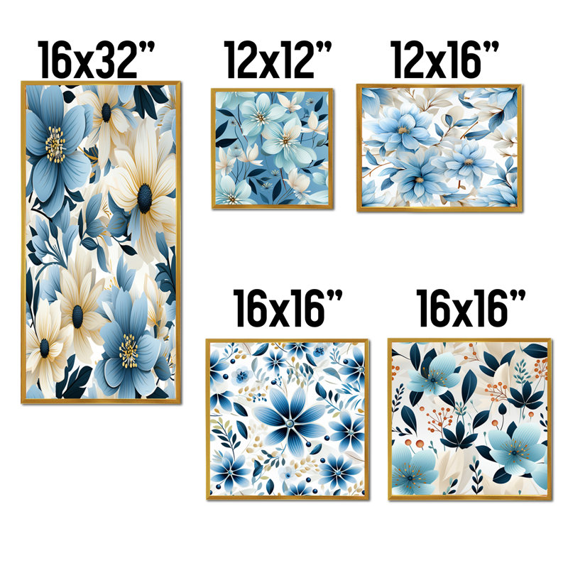 Eline - Ensemble de 5 impressions sur toile florales, Cadre flottant doré
