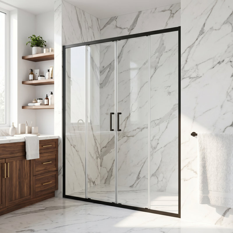 VIGO Paloma 56"–60" W x 74" H Semi-Frameless Double Sliding Shower Door in Matte Black with Clear Tempered Glass, Black