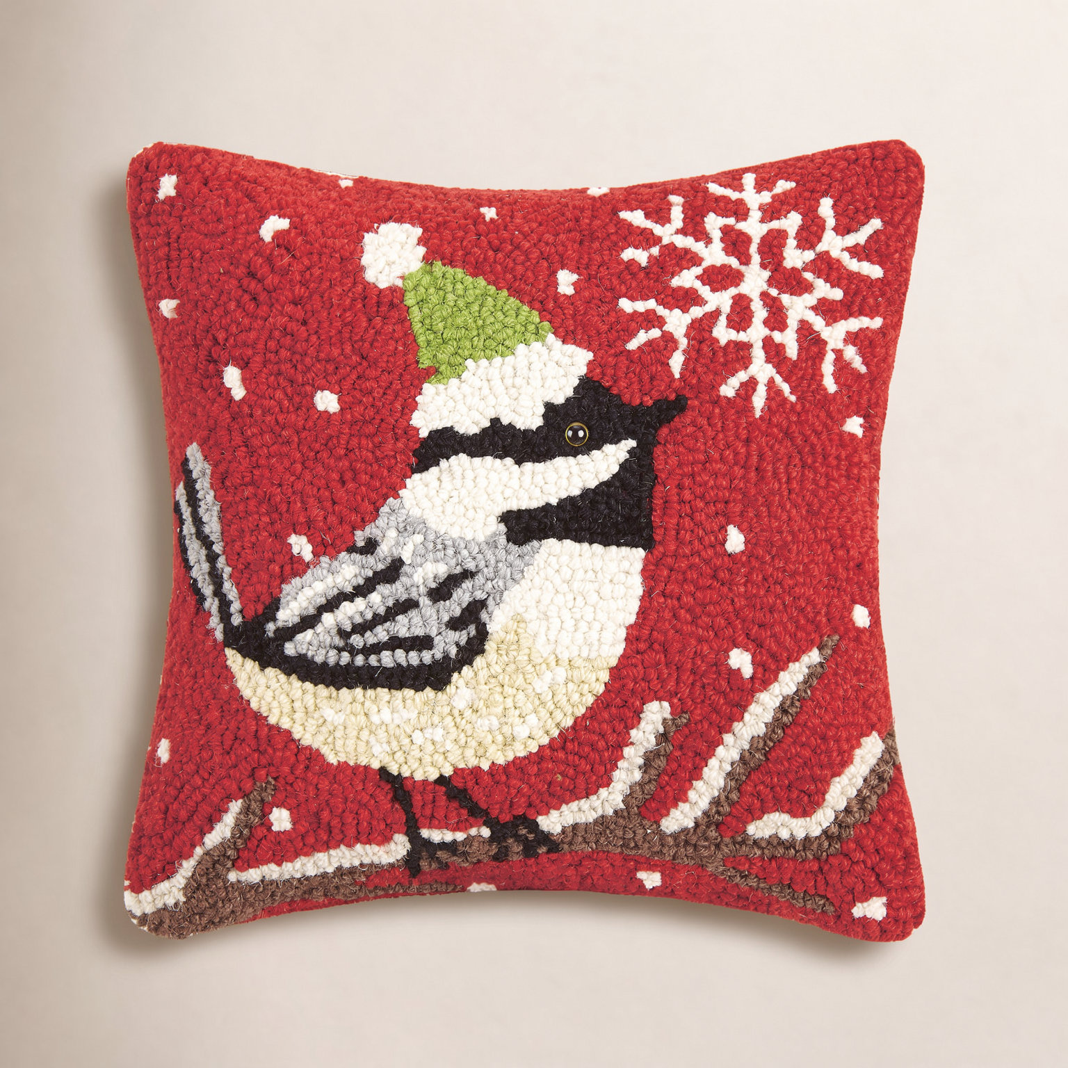 Christmas Wool Throw Pillow, Chickadee