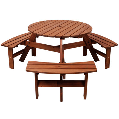 Wooden Picnic Table With 3 Built-In Benches,6 Person Kids Picnic Table, With Umbrella Hole,Camping Dining Table For Garden Patio Backyard