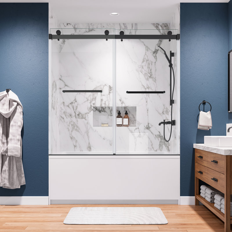 Porte de baignoire coulissante double en acier inoxydable noir mat sans cadre 56 "à l 60" x H 60 "avec verre trempé de 8 mm