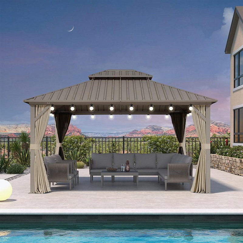 PURPLE LEAF 12' X 14' Deck Gazebo Champagne Hardtop Metal Frame Double Roof with Curtains and Netting with Light
