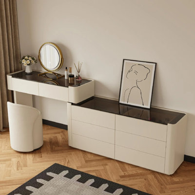 Modern Vanity Table Set With Stool & Glass Top