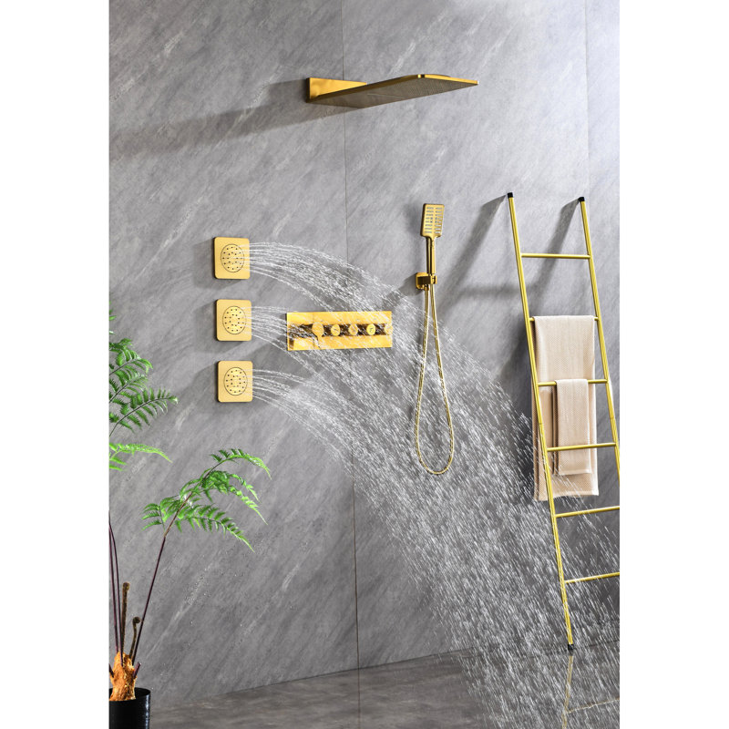 Système de douche mural doré, 3 jets pour le corps et poche, laiton méthode naturelle avec fixation, imitation pluie