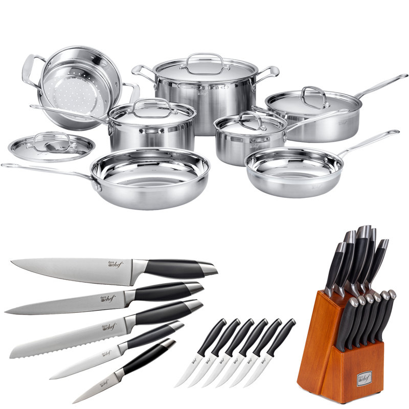 Deco Chef 12 Piece Stainless Steel Cookware Set with 12 Piece Knife Set