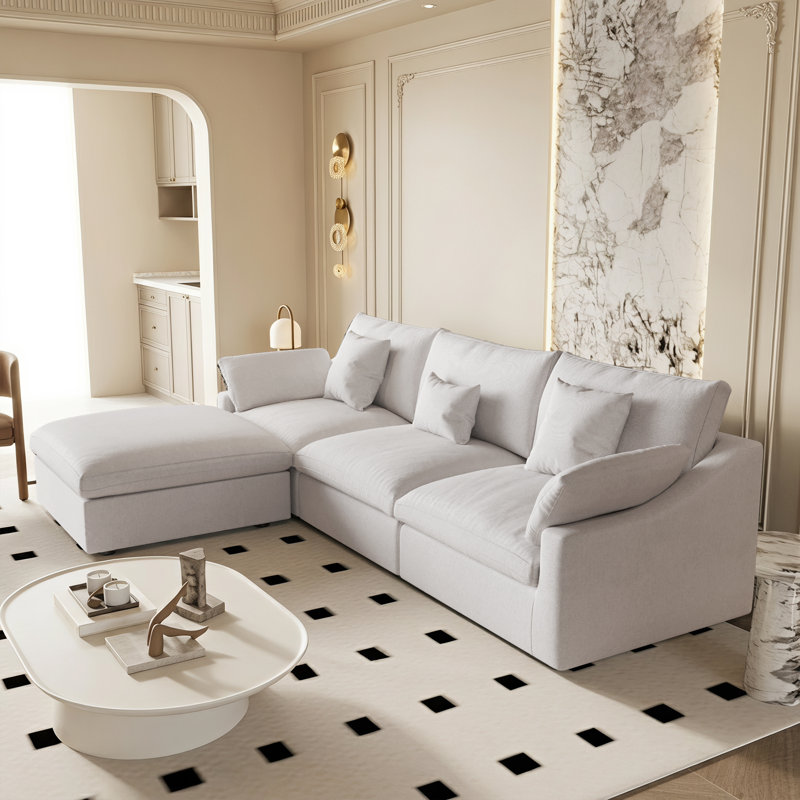 Slipcovered Upholstered Modular Sofa With Ottoman, Beige, 29.53" H x 119.29" W x 77.95" D