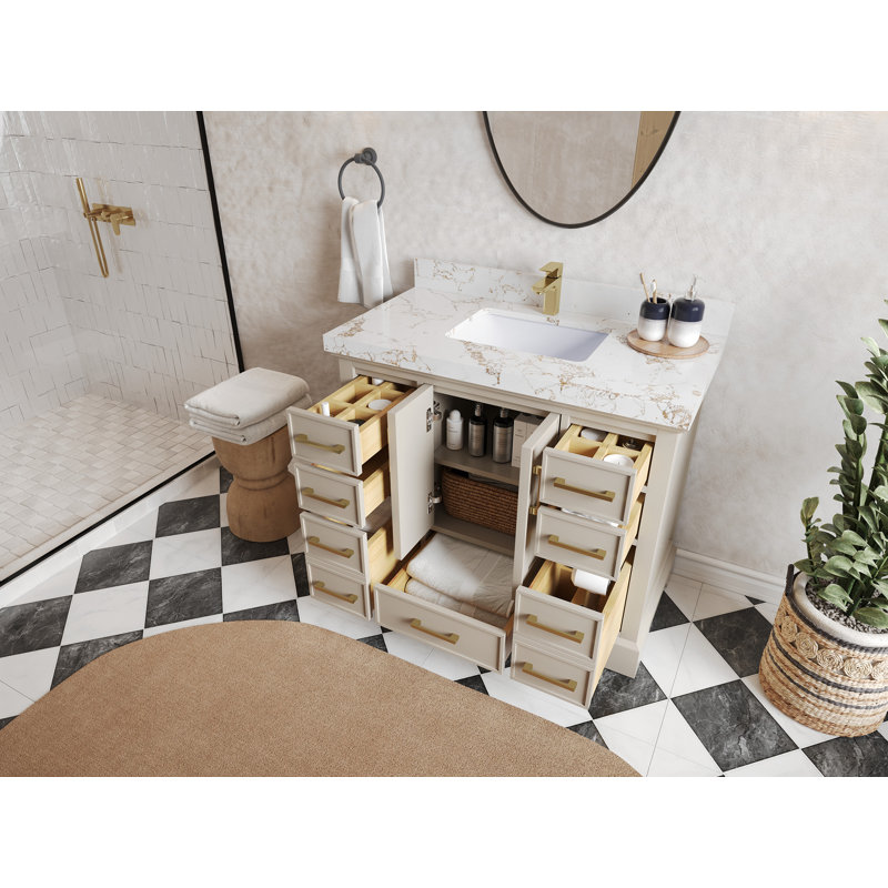 Charlotte 42'' Single Bathroom Vanity with Quartz Top, Gold