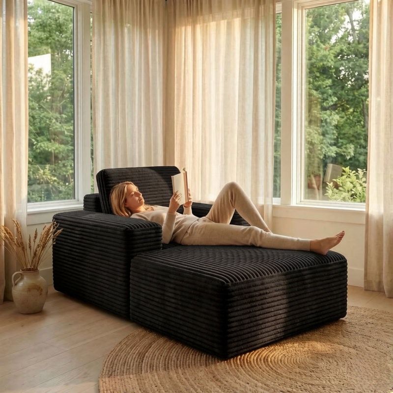Chaise longue Bonur de 71 po en velours côtelé à accoudoirs simples pour salon, Noir
