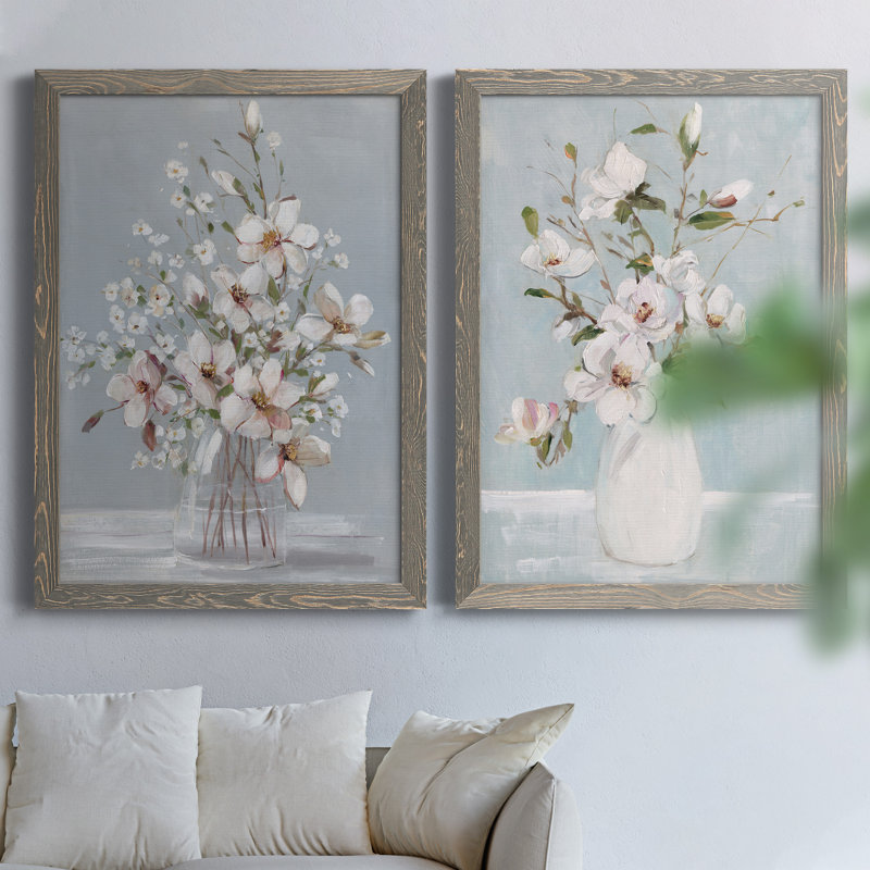 Magnolia Romance - Ensemble de 2 peintures sur toile encadrées, H 44 po x l 31 po x P 1 po, Encadré gris