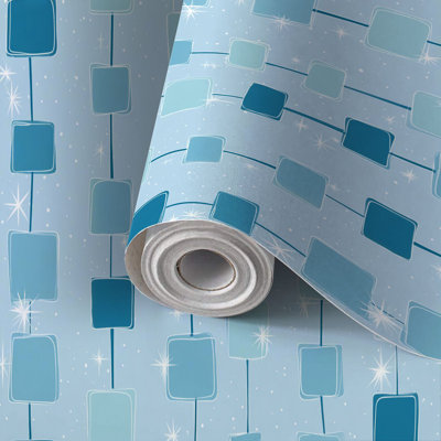 Papier peint adhésif peler et coller en PVC, revêtement mural auto-adhésif amovible avec motifs géométriques abstraits carrés bleus rétro et étincelants, imperméable pour la décoration intérieure - rouleau