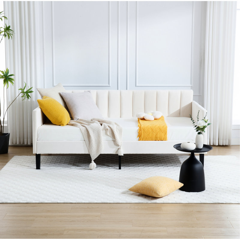 Bedroom Twin Daybed With Squeak- Design And Velvet Covering Size Ribbed Soft Upholstery For Living Room