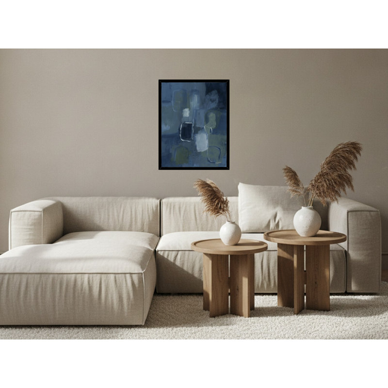 Abstrait bleu et gris, formes géométriques sur toile encadrée, Black, 28" H x 22" W