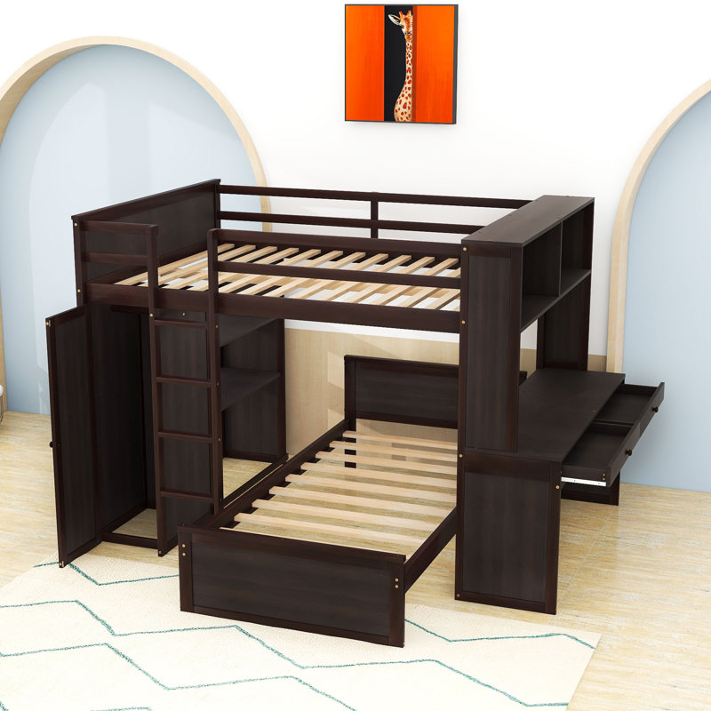 Hockaday Full Over Twin Size Wood Bunk Bed with Shelves,Desk and Wardrobe, Espresso