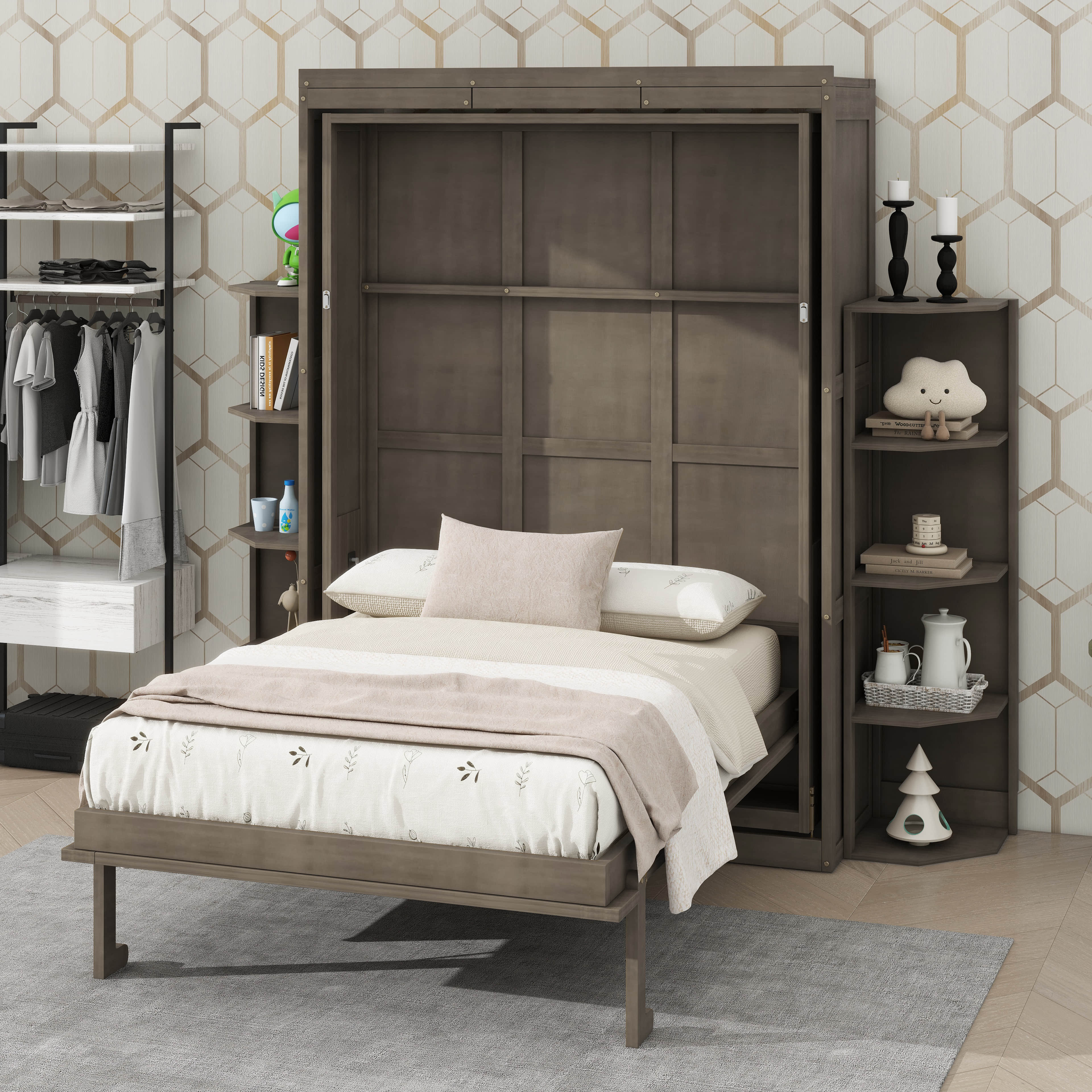Queen Size Rack Latitude Run® Queen-Size Rotating Murphy Bed With Concealed Wall Unit ...