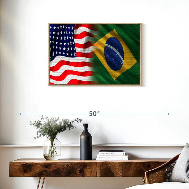 Drapeau des États-Unis et du Brésil, Cadre flottant en bois naturel, 31 po x 21 po