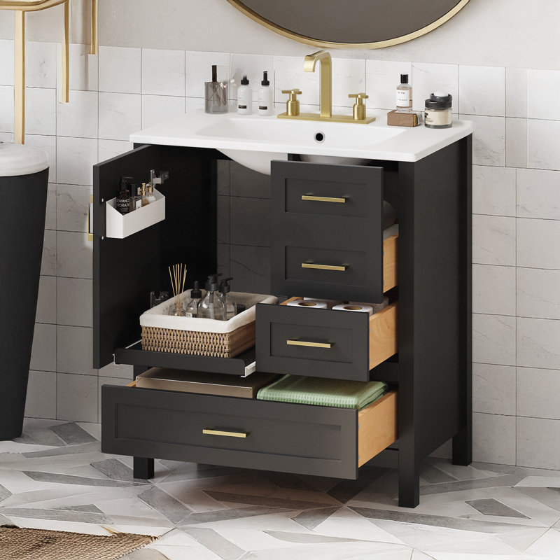 Ensemble de meuble-lavabo avec lavabo, 3 tiroirs à fermeture douce, plateau, Noir