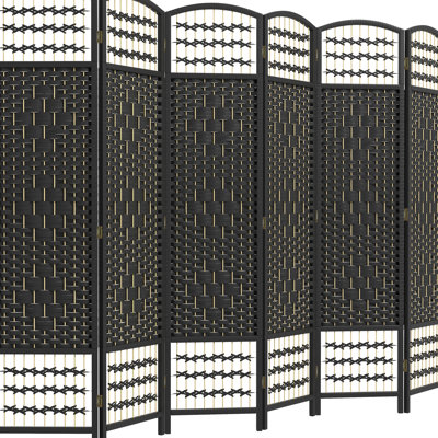 6 Panel Folding Privacy Screen , 5.6' Room Divider, Black Wave Fiber Partition, For Living Room, Bedroom, Home Office Double Side Woven Paper Divider Natural-tone