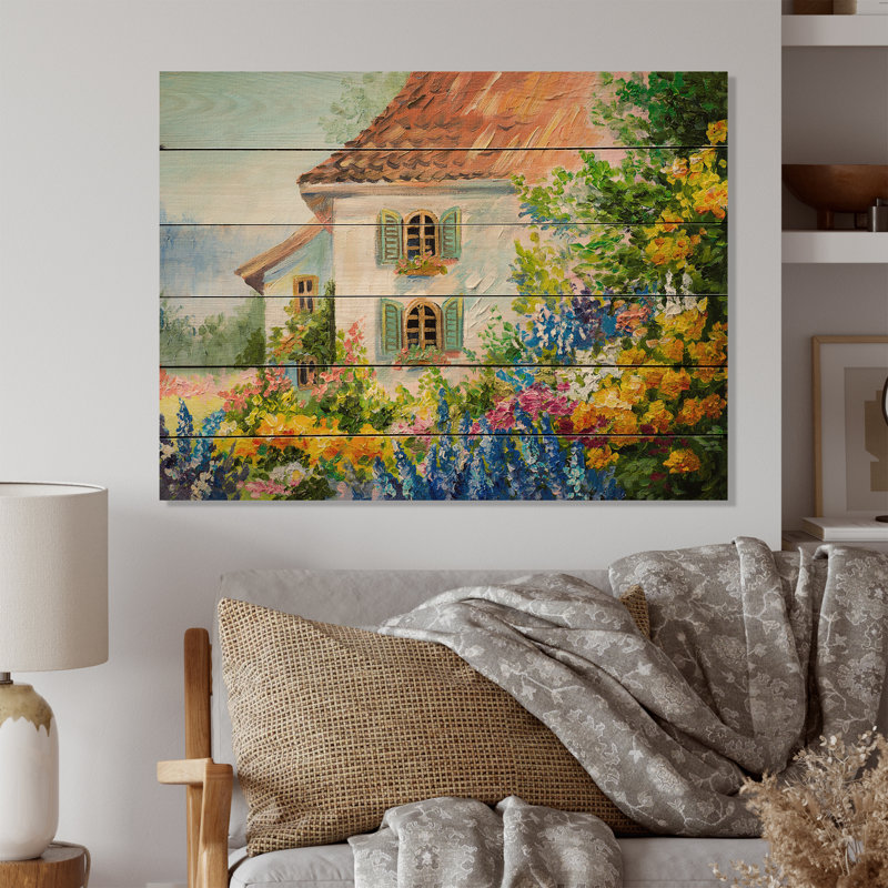 Fleurs colorées dans la maison méditerranéenne VI - peinture sur bois sans cadre, H 30 po x l 40 po x P 1 po