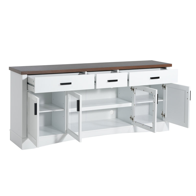 Meuble télé moderne de 67 pouces avec portes vitrées, tiroirs de rangement et tablettes réglables., Blanc