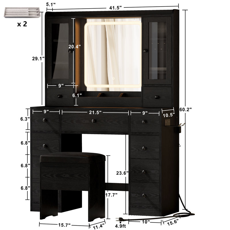 Chantaye Vanity Desk with LED Lights Mirror and Charging Station, Black