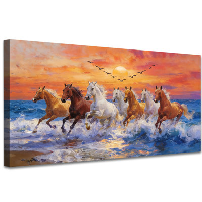 "Large Horses", impression sur toile de cheval brun et blanc courant, peinture de paysage coucher de soleil océan, œuvre d'art animalière, prête à être accrochée, pour le salon, la chambre, le bureau à domicile, 30 po x 60 po