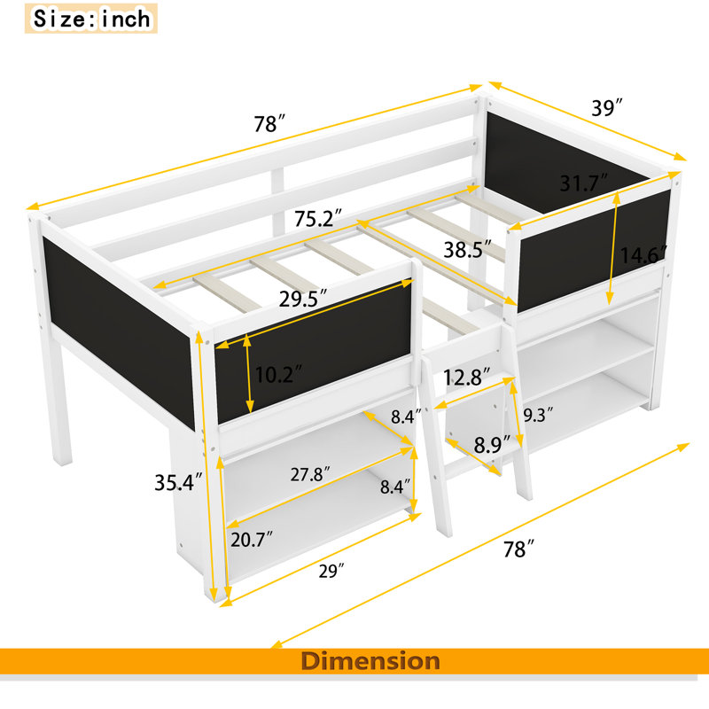 Lit mezzanine simple de taille simple avec deux tablettes mobiles et échelle, avec tableau noir de garde-corps décoratif