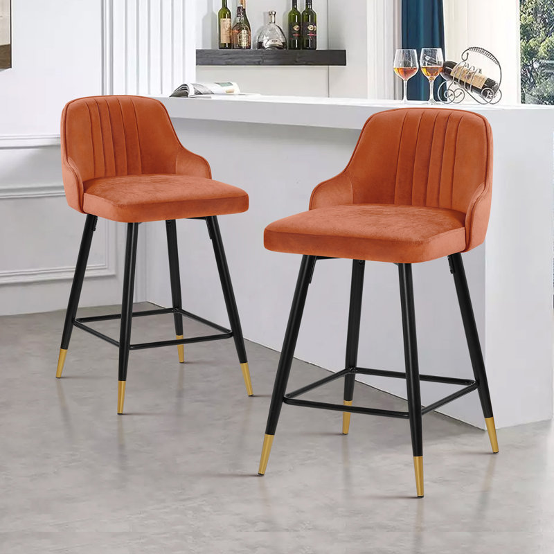 Swivel Velvet Upholstered Counter & Bar Stool With Solid Metal Frame, Orange, 2, Counter Stool (65cm Seat Height)