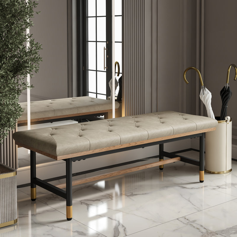 48.43''W Leather Upholstered Bench With Metal Legs, Beige