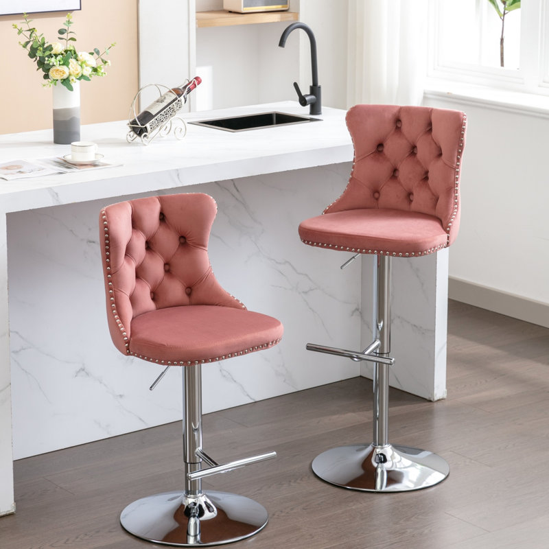 Rose réglable, de 2, revêtement en velours, hauteur du siège 25 - 33 pouces, dossier pour un repos douillet, base de pub à la maison et îlot de cuisine, boutons tirés à la main, têtes de clou en pouces, confort élégant, base, pour